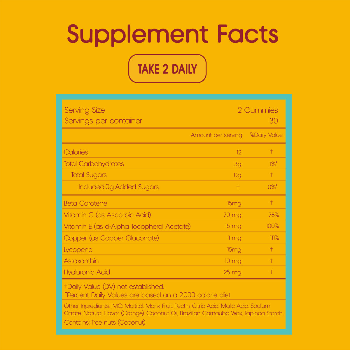 Solara GLOW supplement facts panel listing astaxanthin, beta carotene, lycopene, hyaluronic acid, vitamin C and vitamin E